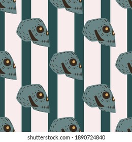 Blue pale skull seamless pattern in hand drawn style. Striped background with white and turquoise lines. Stock illustration. Vector design for textile, fabric, giftwrap, wallpapers.