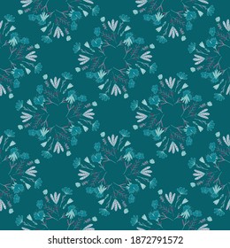 Blue palette seamless nature pattern with creative outline flower bouquet silhouettes. Folk style. Stock illustration. Vector design for textile, fabric, giftwrap, wallpapers.