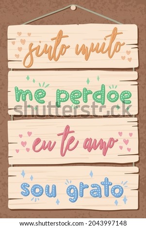 Blue Pallet Lettering in Brazilian Portuguese. Translation: 'I am really sorry' 'Forgive me' 'I love you' 'I'm grateful' [[stock_photo]] © 