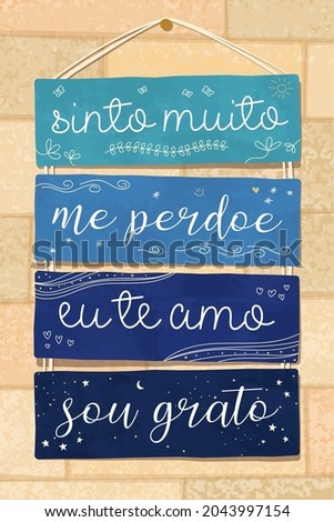 Blue Pallet Lettering in Brazilian Portuguese. Translation: 'I am really sorry' 'Forgive me' 'I love you' 'I'm grateful' [[stock_photo]] © 