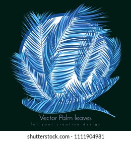 Blue Palm Branches in Various Forms. Tropic Foliage. Illustration of Jungle Plants. Vector Palm Leaves. Floral Elements Set. Detailed Palm Leaves for Pattern, Wallpaper, Print or Your Creative Design