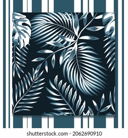 blue palm leaves and fern tropical plant seamless pattern on dark background. fashionable texture. summer design. jungle print. exotic tropical wallpaper