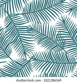 blue palm leaves on a white background exotic tropical hawaii seamless pattern vector.