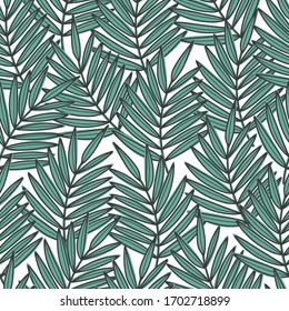 Blue palm leaves seamless pattern. Vector illustration. Hand drawn light background for fabric, textile and wallpaper