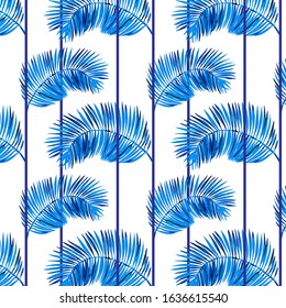Blue palm leaves with vertical lines on a white background.Vector tropical pattern.