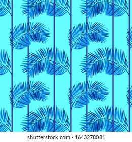 Blue palm leaves with vertical lines on a blue background.