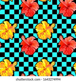 Blue palm and monstera leaves  on an orange background. Seamless tropical vector pattern.