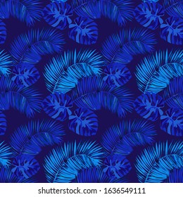 Blue palm and monstera leaves. Seamless tropical pattern.