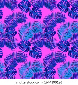 Blaue Palmen und Monstera Blätter. Vektorillustration tropikalnahtloses Muster.