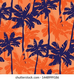 Blue palm silhouette on orange background tropical  seamless pattern. Minimal exotic nature summer repeatable motif  for fabric, textile, wrap, surface, web and print design. 