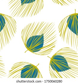 Blue Palm Textile Vector Seamless Pattern. Floral Vintage Pattern. Painting Plant Wallpaper. Green Exotic Foliage Background.