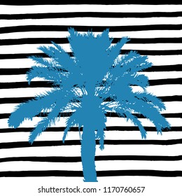 Blue palm tree and hand drawn black and white stripes. Vector illustration.