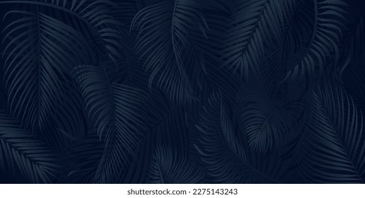 Blue palm tree leaves on dark background. Tropical palm leaves, floral pattern vector illustration.