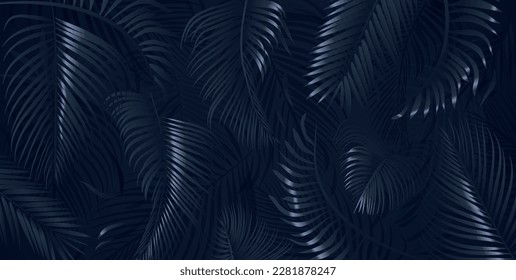 Blue palm tree leaves on dark background. Tropical palm leaves, floral pattern vector illustration.