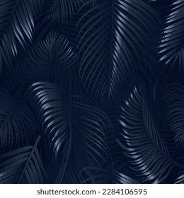 Blue palm tree leaves on dark background. Tropical palm leaves, floral seamless pattern vector illustration.