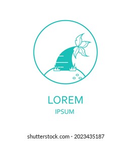 Blue palm tree logo. Travel agency label. Isolated on white.
