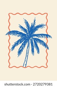 Bosquejo azul de la palmera dentro de la frontera ondulada naranja sobre fondo claro. Motivo de verano tropical dibujado a mano mínimo para tarjetas de felicitación, carteles, etiquetas, planificadores o pegatinas digitales.