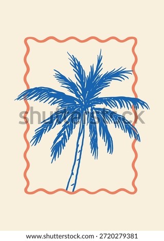 Blue palm tree sketch inside orange wavy border on light background. Minimal hand-drawn tropical summer motif for greeting cards, posters, labels, planners, or digital stickers.
