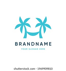 Blue Palm Trees with Hammock, Beach Tropical Outdoor Logo Design Vector