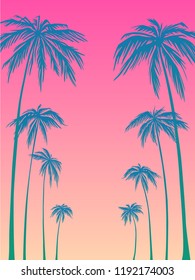 blue palm trees silhouette on a pink background. Vector illustration, design element for congratulation cards, print, banners and others