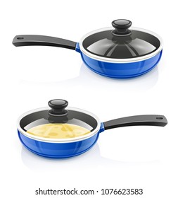 Blue pan with lid. Kitchen tableware. Cooking food. Prepare meal. Kitchenware tool. Utensil equipment. Cook Pan. Realistic Pot. Iron Kettle for saup. Isolated white. EPS10 vector illustration.