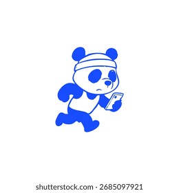 Blue panda running while holding a phone