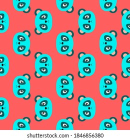 Blue panda, seamless pattern on red background.