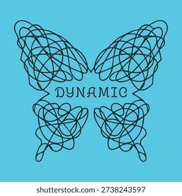 Blue panel featuring a butterfly made of tangled scribble lines with dynamic text centered