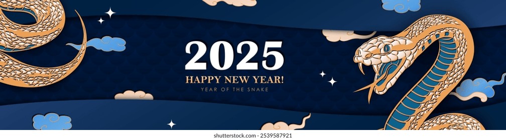 Blue panoramic banner with hand drawn paper cut clouds, stars, reptile scales and golden Snake - Chinese zodiac sign for 2025 Lunar New Year. Layered header in asian style, Christmas billboard