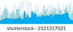 Blue panoramic city skyline poster with bluish misty transparent background buildings of BARRANQUILLA, COLOMBIA