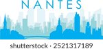 Blue panoramic city skyline poster with bluish misty transparent background buildings of NANTES, FRANCE