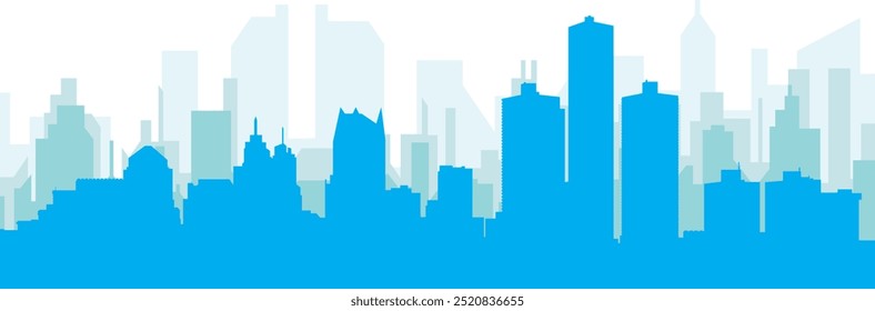 Blue panoramic city skyline poster with bluish misty transparent background buildings of DETROIT, UNITED STATES