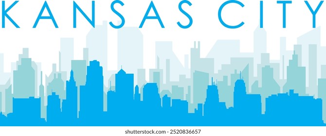 Blue panoramic city skyline poster with bluish misty transparent background buildings of KANSAS CITY, UNITED STATES