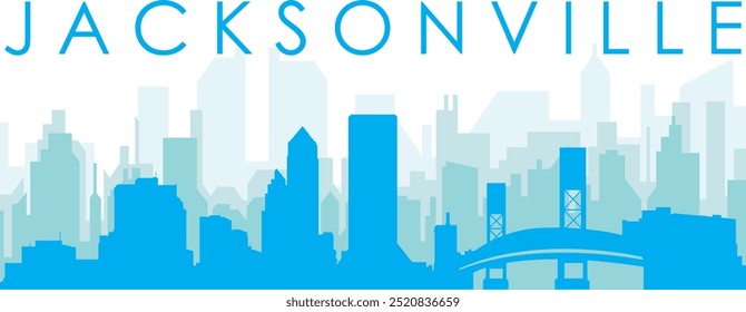 Blue panoramic city skyline poster with bluish misty transparent background buildings of JACKSONVILLE, UNITED STATES