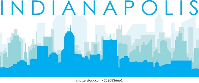 Blue panoramic city skyline poster with bluish misty transparent background buildings of INDIANAPOLIS, UNITED STATES