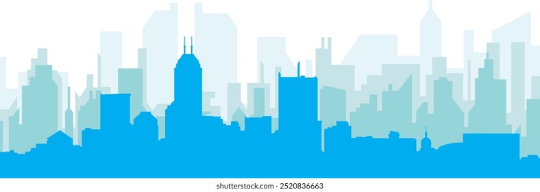 Blue panoramic city skyline poster with bluish misty transparent background buildings of INDIANAPOLIS, UNITED STATES