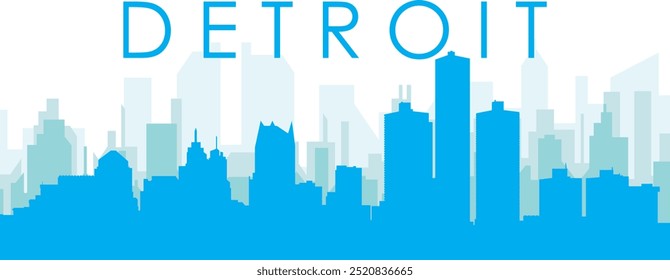 Blue panoramic city skyline poster with bluish misty transparent background buildings of DETROIT, UNITED STATES