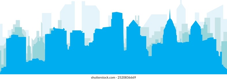 Cartaz panorâmico azul da cidade com fundo azul nebuloso transparente edifícios da FILADÉLFIA, ESTADOS UNIDOS