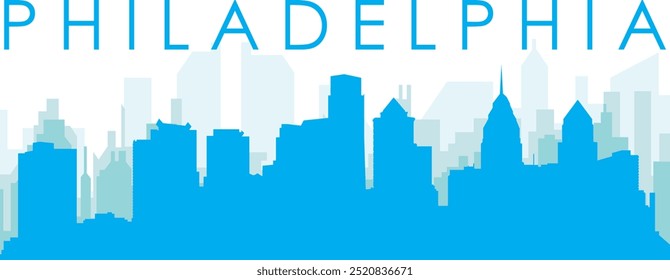 Blue panoramic city skyline poster with bluish misty transparent background buildings of PHILADELPHIA, UNITED STATES