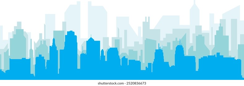 Blue panoramic city skyline poster with bluish misty transparent background buildings of KANSAS CITY, UNITED STATES