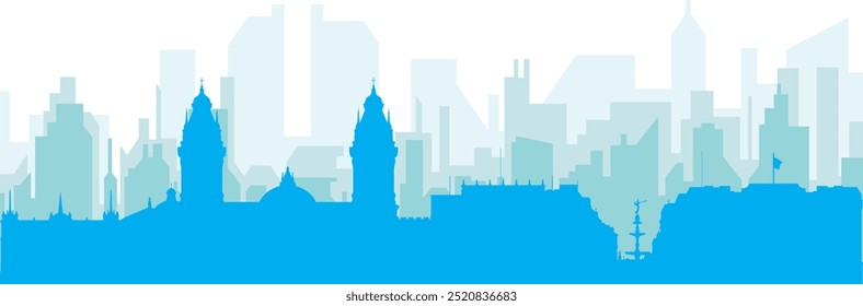 Blue panoramic city skyline poster with bluish misty transparent background buildings of LIMA, PERU