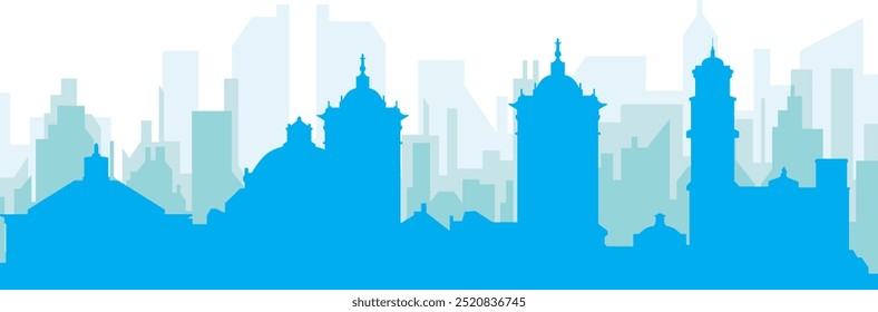 Blue panoramic city skyline poster with bluish misty transparent background buildings of PUEBLA, MEXICO