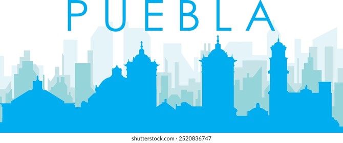 Blue panoramic city skyline poster with bluish misty transparent background buildings of PUEBLA, MEXICO