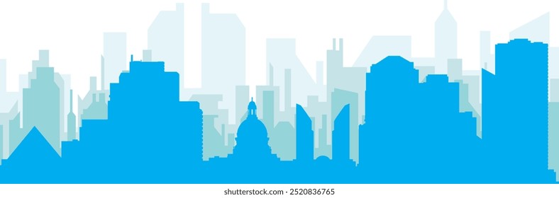 Blue panoramic city skyline poster with bluish misty transparent background buildings of EDMONTON, CANADA