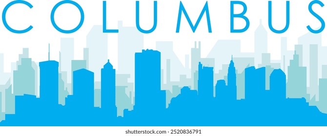 Blue panoramic city skyline poster with bluish misty transparent background buildings of COLUMBUS, UNITED STATES