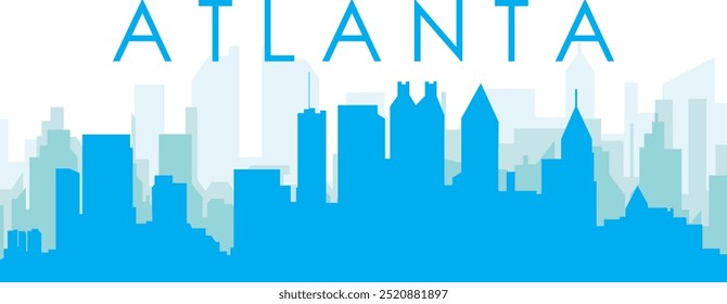 Blue panoramic city skyline poster with bluish misty transparent background buildings of ATLANTA, UNITED STATES