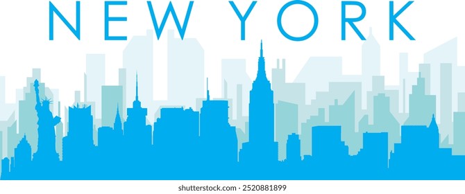 Blue panoramic city skyline poster with bluish misty transparent background buildings of NEW YORK, UNITED STATES