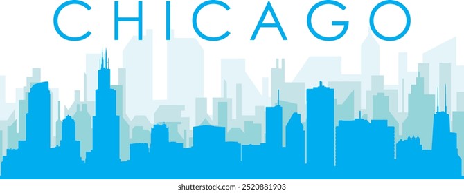 Cartaz panorâmico azul da cidade com fundo azul nebuloso transparente prédios de CHICAGO, ESTADOS UNIDOS