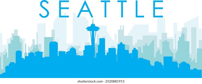 Blue panoramic city skyline poster with bluish misty transparent background buildings of SEATTLE, UNITED STATES