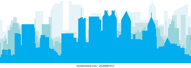 Blue panoramic city skyline poster with bluish misty transparent background buildings of ATLANTA, UNITED STATES